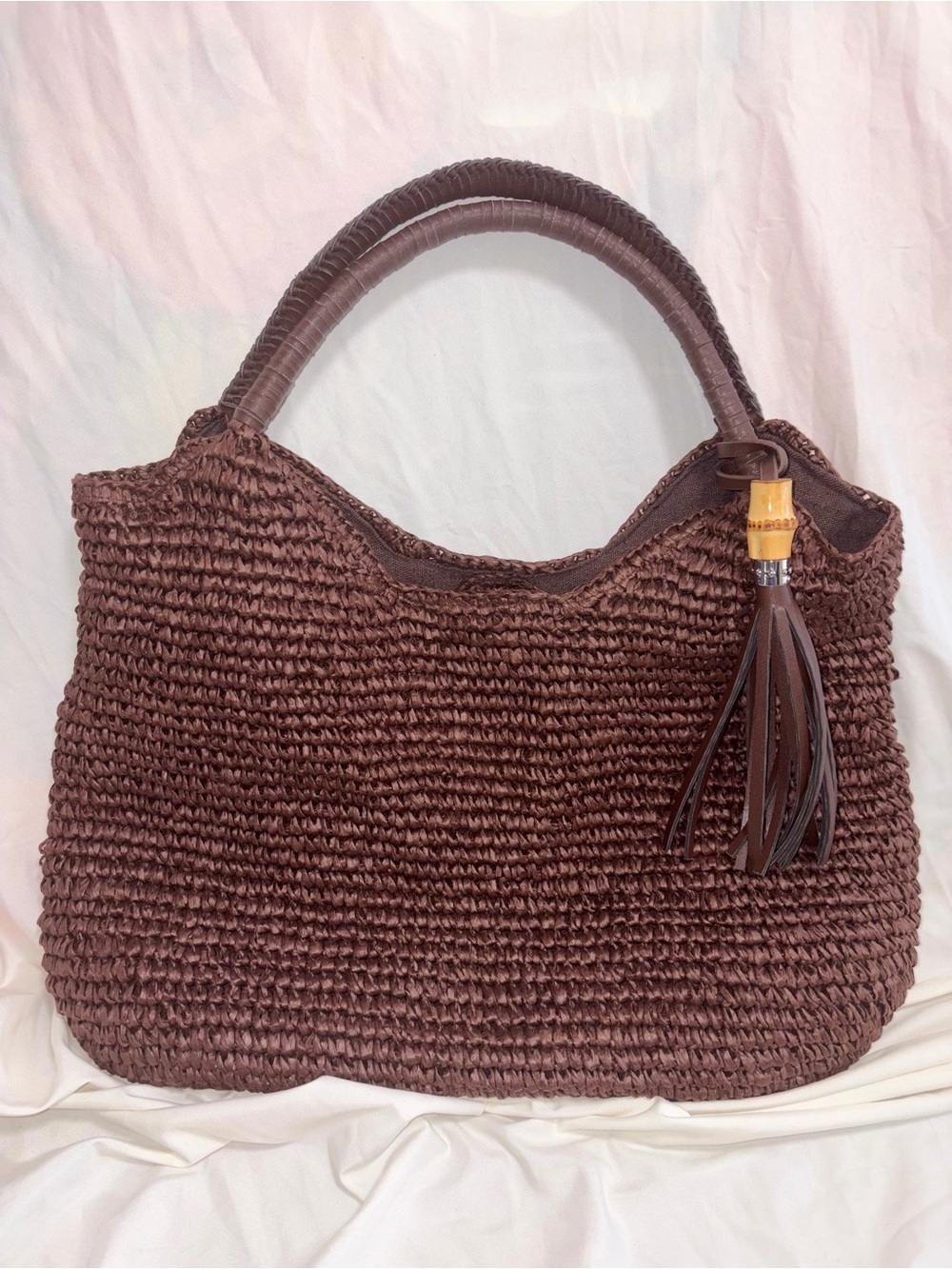 Tommy Bahama Dark Brown Raffia Woven Boho Tote with Bamboo Tassel